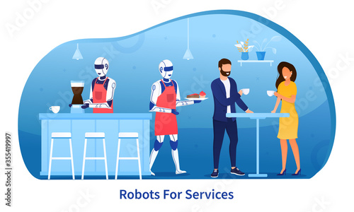 A robot in a bar serves a young couple. Man and woman in a futuristic Bar. Automation technologies in service sector. Bartender robot. Innovation in restaurant business. Flat Vector Illustration