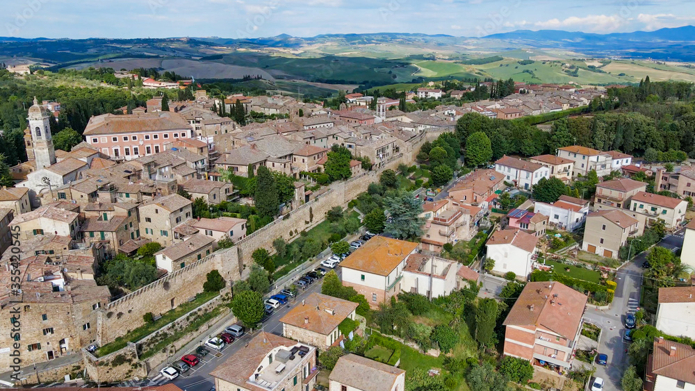 Amazing aerial view of San Quirico medieval town in Tuscany