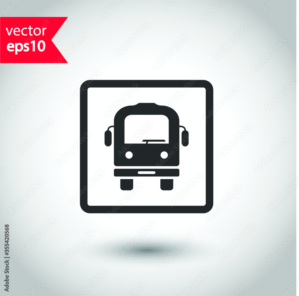 Transport bus vector icon. Bus front view icon. Vehicle icon. Studio background. EPS 10 vector sign.  Bus flat sign design symbol pictogram