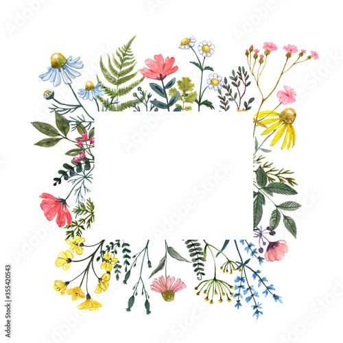 Watercolor square wildflower frame on white background. Beautiful summer meadow flowers border, botanical backdrop for cards, invitations. Floral hand drawn illustration