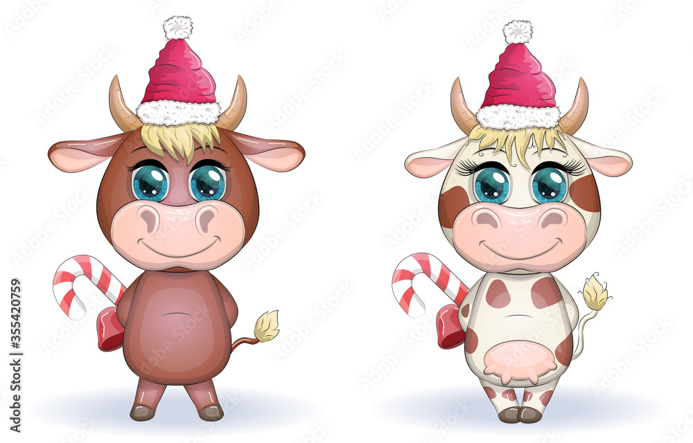 Cute cartoon cow, bull with Christmas candy and in a red Santa Claus hat, symbol 2021 on the eastern calendar Cute cartoon cow, bull with Christmas candy and in a red Santa Claus hat, symbol 2021 on the eastern calendar