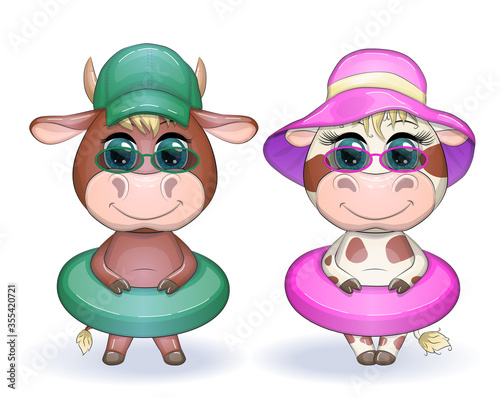 White cartoon ox, bull or cow in sunglasses kawaii cartoon character swims and sunbathes, isolated on white for poster card, 2021 symbol, cute farm animal