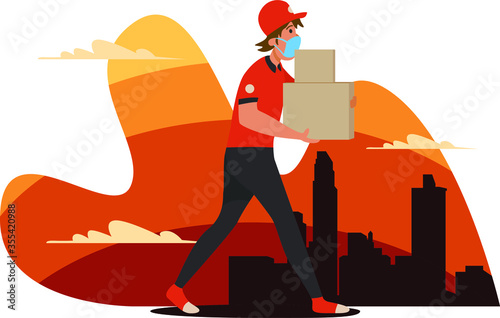Delivery man is delivering package by walking