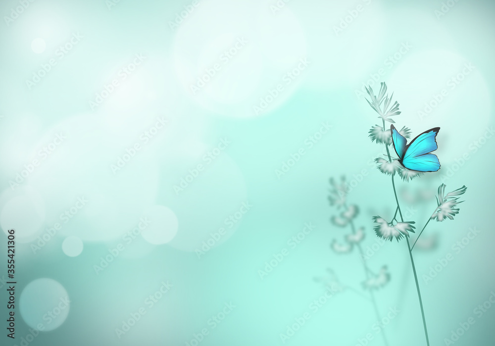 natural background in pastel colors with a soft focus of blue shades. Wild meadow grass and butterfly in spring in nature macro