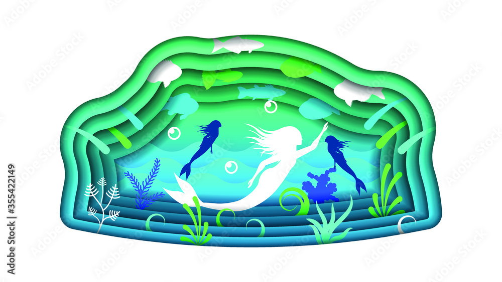Naklejka premium Abstract Paper Cut Background Mermaid Ocean Fish Wave Water Underwater