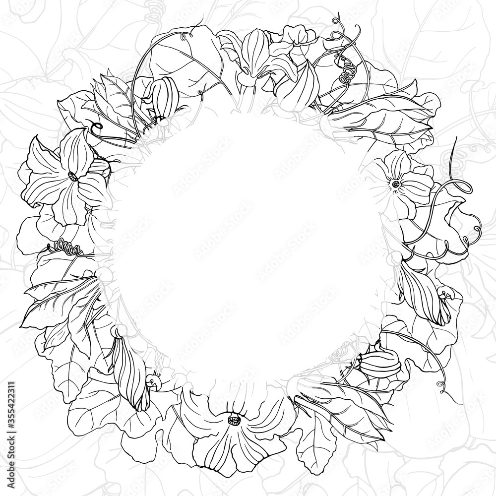 Obraz premium Vector square black and white autumn card. Wreath of leaves and pumpkin flowers, round frame on line background. Hand line drawing. Template for Thanksgiving greeting card, invitation.