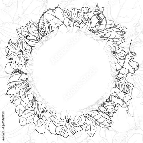 Vector square black and white autumn card. Wreath of leaves and pumpkin flowers, round frame on line background. Hand line drawing. Template for Thanksgiving greeting card, invitation.
