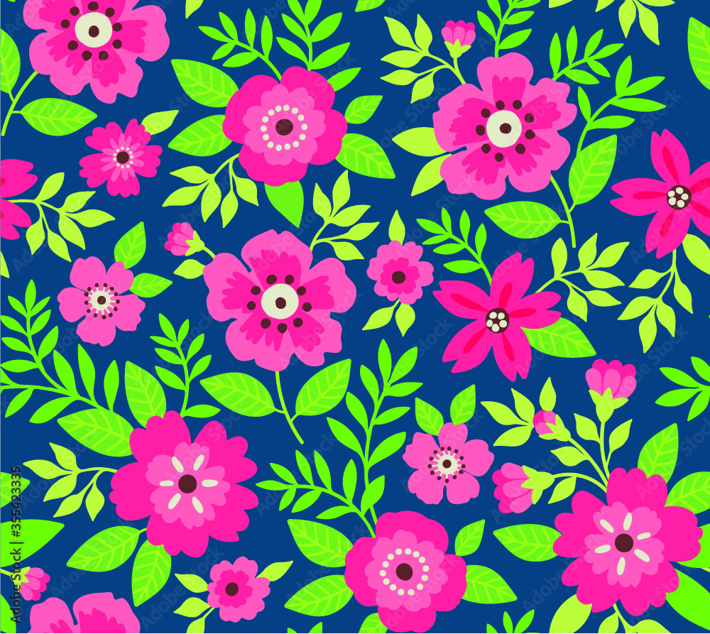 Seamless floral pattern for design. Small pink flowers. Dark green background. Modern floral texture.The elegant the template for fashion prints.