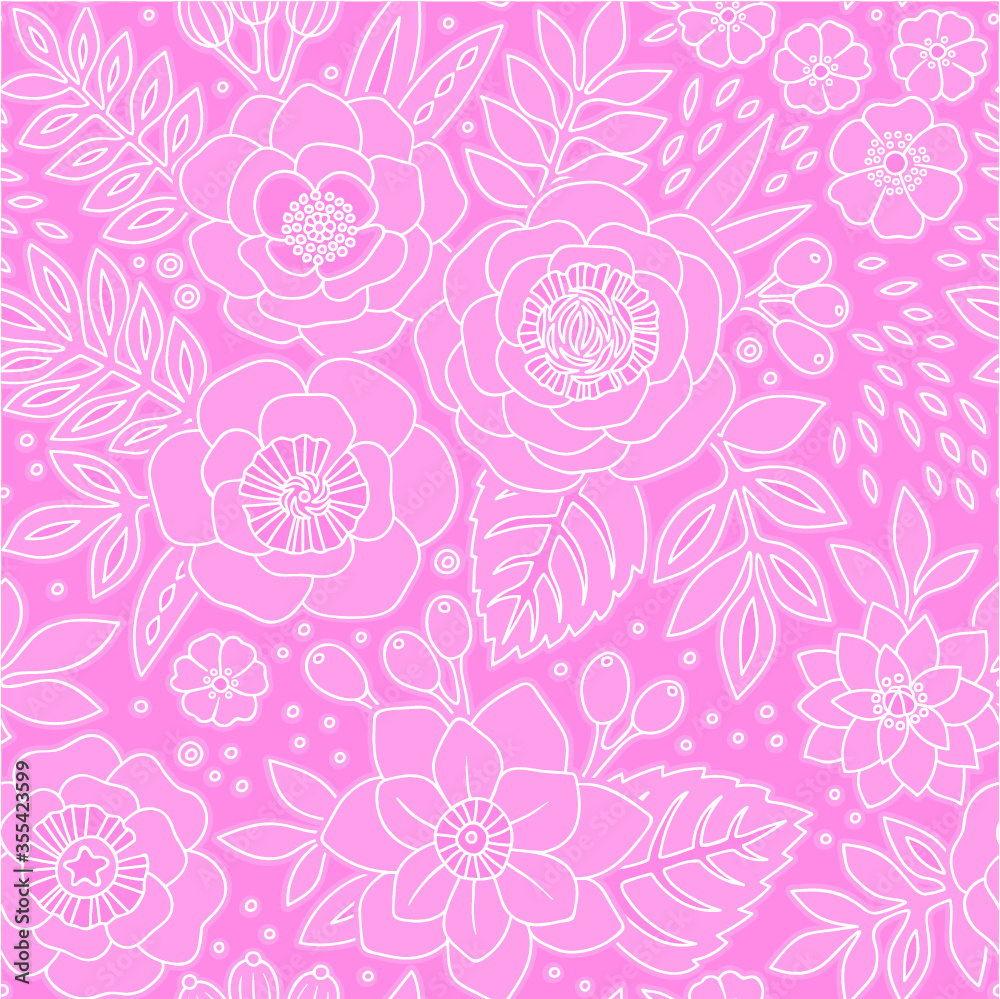 Seamless pattern with outline of stylized flowers. Beautiful monochrome floral background. Can be used for textiles, book covers, packaging, wedding invitations. Vector hand drawn illustration.