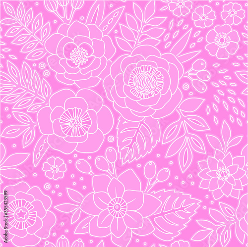 Seamless pattern with outline of stylized flowers. Beautiful monochrome floral background. Can be used for textiles  book covers  packaging  wedding invitations. Vector hand drawn illustration.