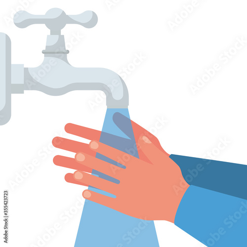 Hand washing under the tap with water. Vector illustration flat design isolated on background. Personal hygiene. Disinfection, antibacterial washing. Water tap, jet stream and hands.