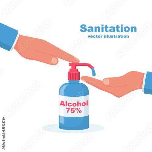 Hand washing antibacterial alcohol 75 .Bottle sanitary product for personal hygiene.Hygienic gel in public place.Prevention coronavirus covid-19.Alcohol liquid flat icon.Vectorillustration.