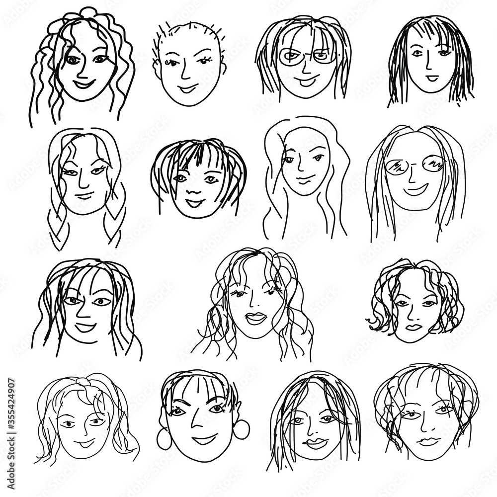 Doodle set with women faces. International Women's Day. Feminism concept design.15 cartoon female faces isolated on a white background. Vector illustration for card, poster, modern design. Doodle set with women faces. International Women's Day. Feminism concept design.15 cartoon female faces isolated on a white background. Vector illustration for card, poster, modern design.