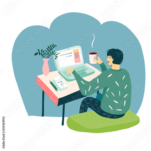 Wallpaper Mural A man works at a laptop with a cup of coffee. Stay at home, work from home, flowers in a pot, home office. Flat Vector Illustration. Torontodigital.ca