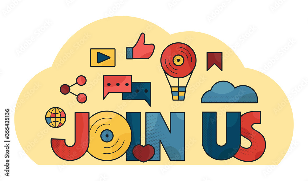 Join us banner. Team work. Online community. Bright multi-colored