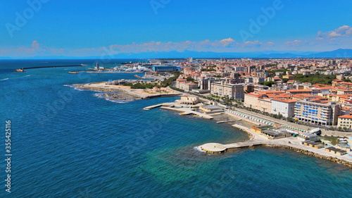 Fototapeta Naklejka Na Ścianę i Meble -  Amazing aerial view of Livorno coastline, Tuscany