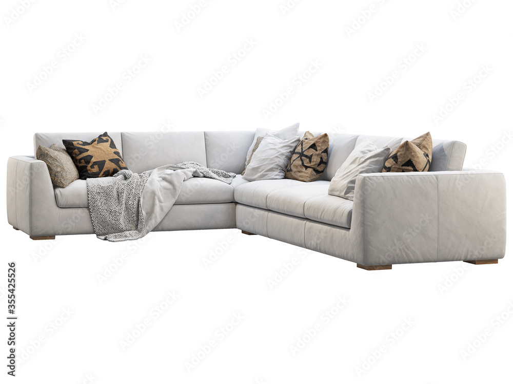 Chalet modular white leather upholstery sofa with pillows and pblanket. 3d render. - obrazy, fototapety, plakaty 
