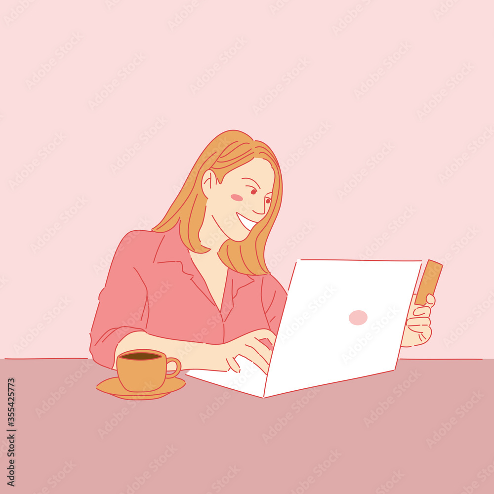 Hand drawn vector style of woman using laptop at home, character of cartoon Hand drawn vector style of woman using laptop at home, character of cartoon