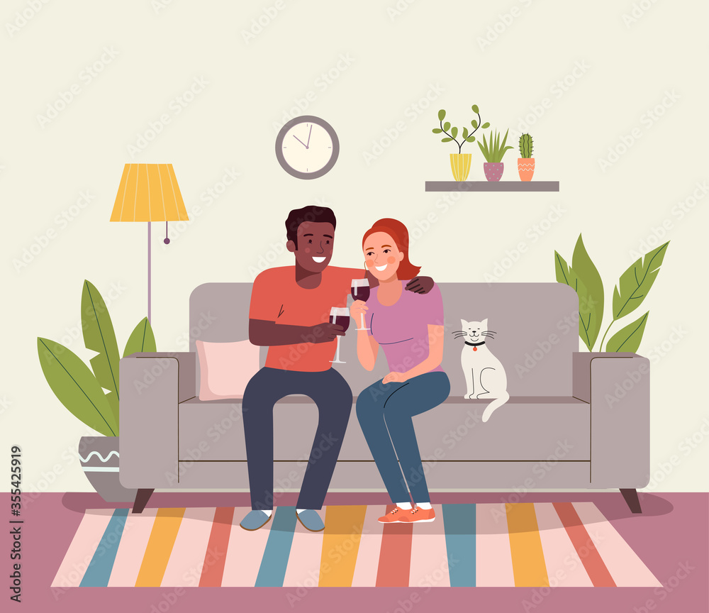 Smiling couple drinking a glass of red wine in their living room. Vector flat style illustration
