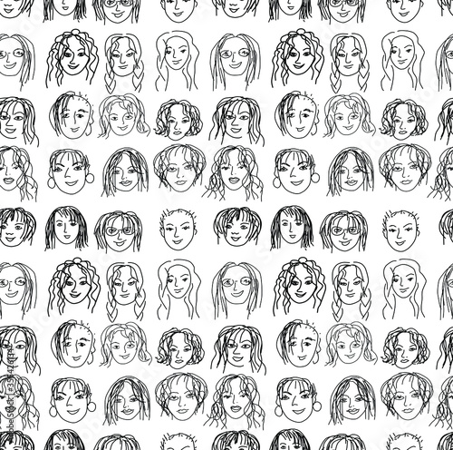 Seamless pattern with female faces. International women day. Design of the concept of feminism. Different girls. Vector illustration for a map, poster, postcard, modern design.