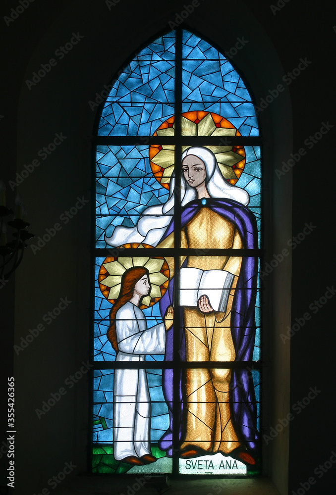Saint Anne, Education of the Virgin Mary, stained glass window at Our Lady of Miracles Parish Church in Ostarije, Croatia