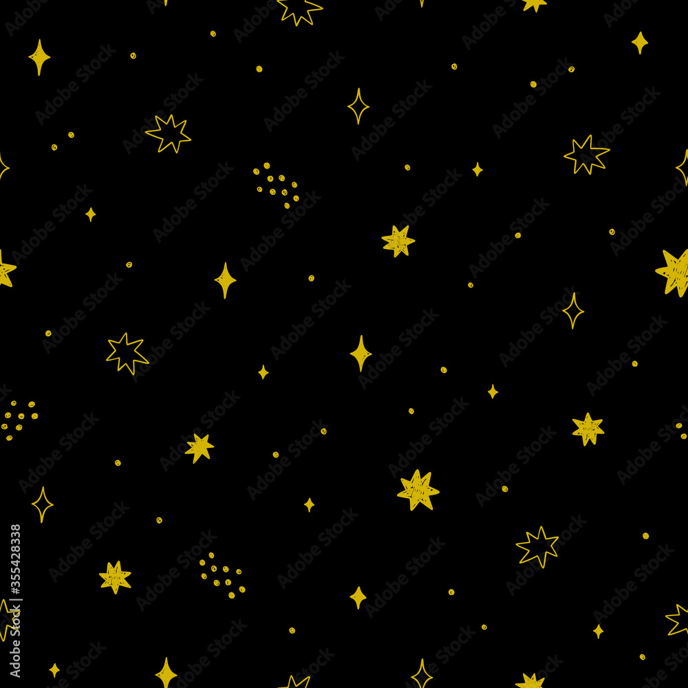 Golden stars vector pattern. Seamless background with shiny stars on the black backdrop