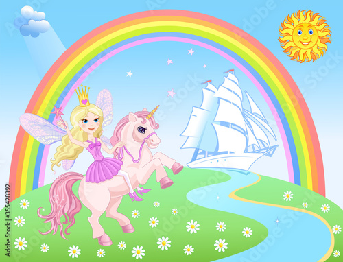 Unicorn with Fairy Princess and sailing ship