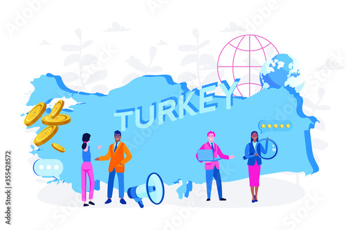 Turkey map with people, Welcome to Turkey country, advertising and promo, Turkey economy Vector illustration for web banner, infographics, mobile. 