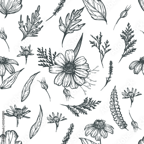 Seamless pattern with hand drawn flowers and leaves  vintage style