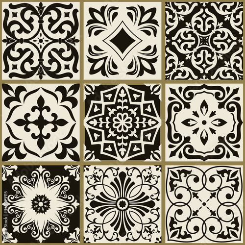 Collection of 9 colorful tiles. Seamless patchwork tile with Victorian motives. Majolica pottery tile, black and gray azulejo, original traditional Portuguese and Spain decor.