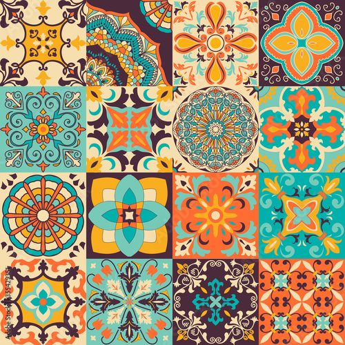 Set of 16 bright tiles Azulejos. Original traditional Portuguese and Spain decor. Seamless patchwork tile with Victorian motives. Ceramic tile in talavera style. Gaudi mosaic. Vector