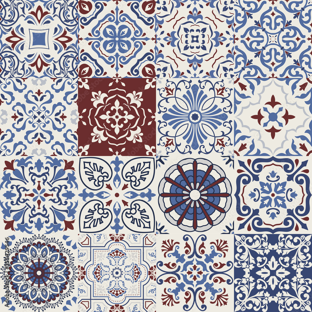 Set of 16 tiles Azulejos in blue, brown. Original traditional Portuguese and Spain decor. Seamless patchwork tile with Victorian motives. Ceramic tile in talavera style. Gaudi mosaic. Vector