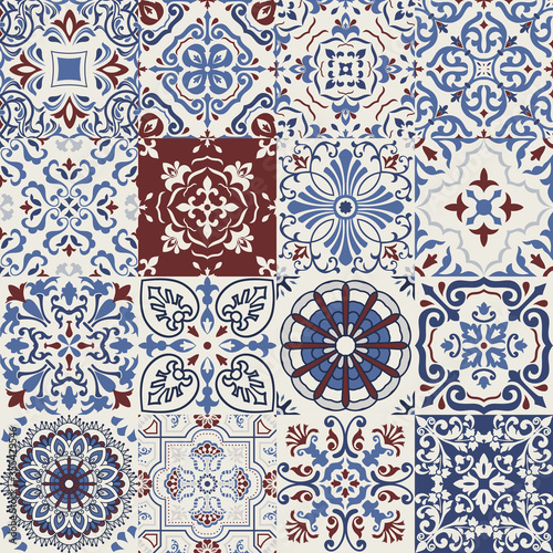 Set of 16 tiles Azulejos in blue, brown. Original traditional Portuguese and Spain decor. Seamless patchwork tile with Victorian motives. Ceramic tile in talavera style. Gaudi mosaic. Vector