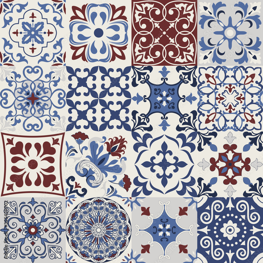 Set of 16 tiles Azulejos in blue, brown. Original traditional Portuguese and Spain decor. Seamless patchwork tile with Victorian motives. Ceramic tile in talavera style. Gaudi mosaic. Vector Set of 16 tiles Azulejos in blue, brown. Original traditional Portuguese and Spain decor. Seamless patchwork tile with Victorian motives. Ceramic tile in talavera style. Gaudi mosaic. Vector