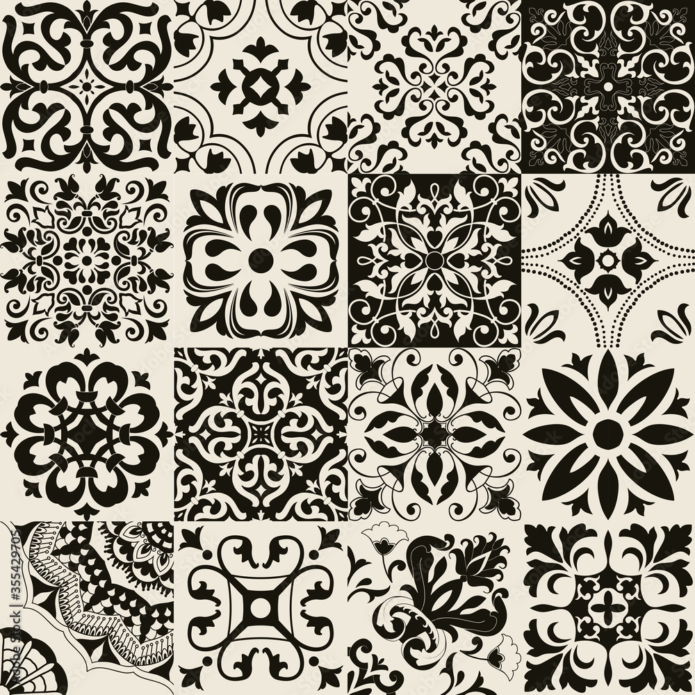 Set of 16 tiles Azulejos in black, gray. Original traditional Portuguese and Spain decor. Seamless patchwork tile with Victorian motives. Ceramic tile in talavera style. Gaudi mosaic. Vector Set of 16 tiles Azulejos in black, gray. Original traditional Portuguese and Spain decor. Seamless patchwork tile with Victorian motives. Ceramic tile in talavera style. Gaudi mosaic. Vector