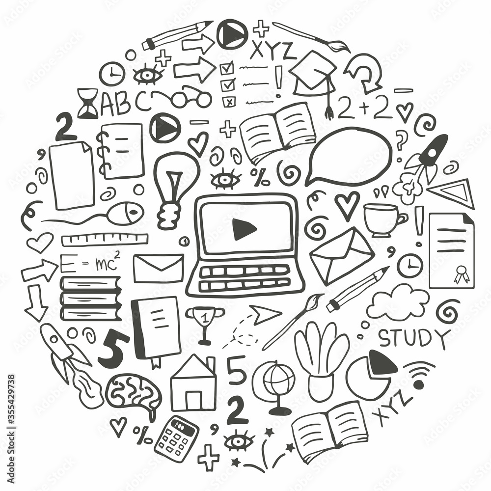 Hand drawn doodle set with education symbols. Vector online studing web banner. online education doodle. Line consept in circle form.