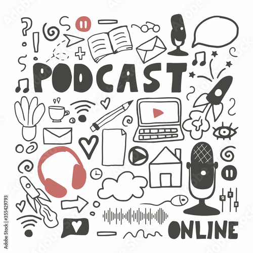 Podcast doodle illustration with handwritten lettering. Online education concept. Text and podcasts symbols isolated on white background. Broadcast vector.