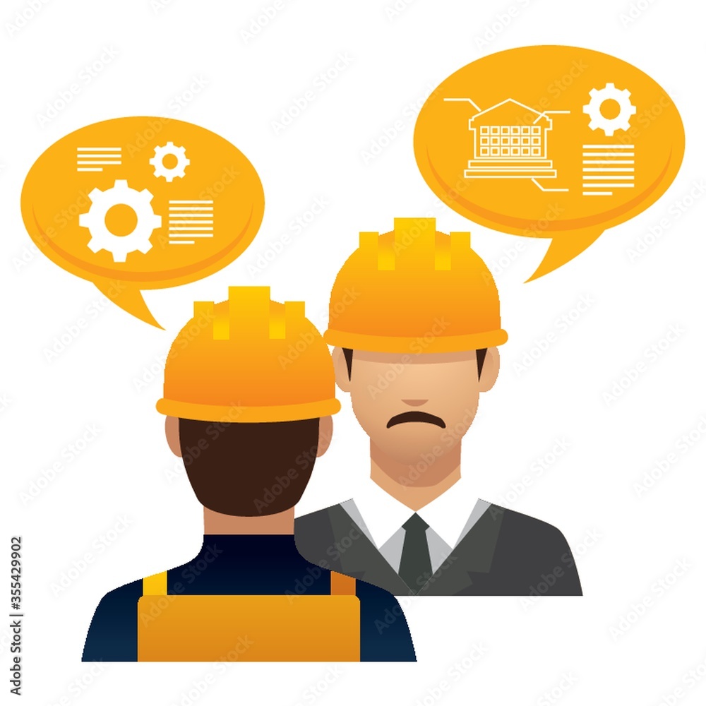 construction worker and engineer with speech bubbles construction worker and engineer with speech bubbles