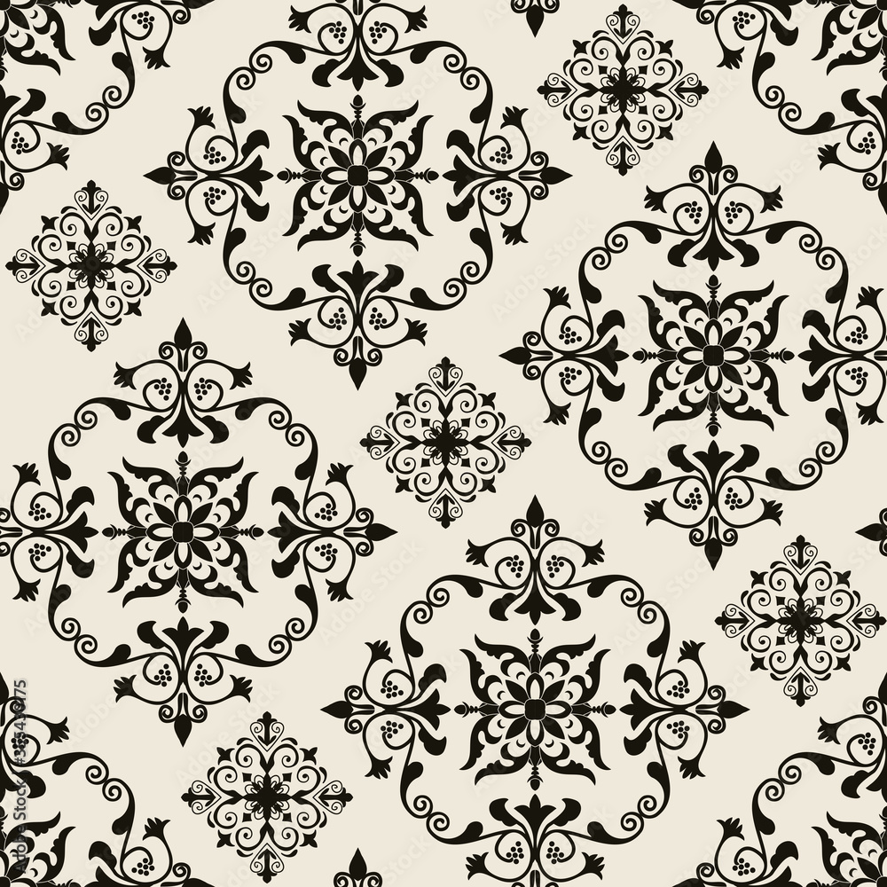 Seamless Damask pattern. Majolica pottery tile, black and gray azulejo, original traditional Portuguese and Spain decor. Seamless tile with Islam, Arabic, Indian, Ottoman motifs Seamless Damask pattern. Majolica pottery tile, black and gray azulejo, original traditional Portuguese and Spain decor. Seamless tile with Islam, Arabic, Indian, Ottoman motifs