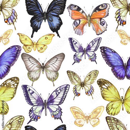  Hand-drawn watercolor seamless pattern  print. Multi-colored butterflies  insects  animals. Wildlife  spring  summer. Vintage  retro style  realism  sketch.