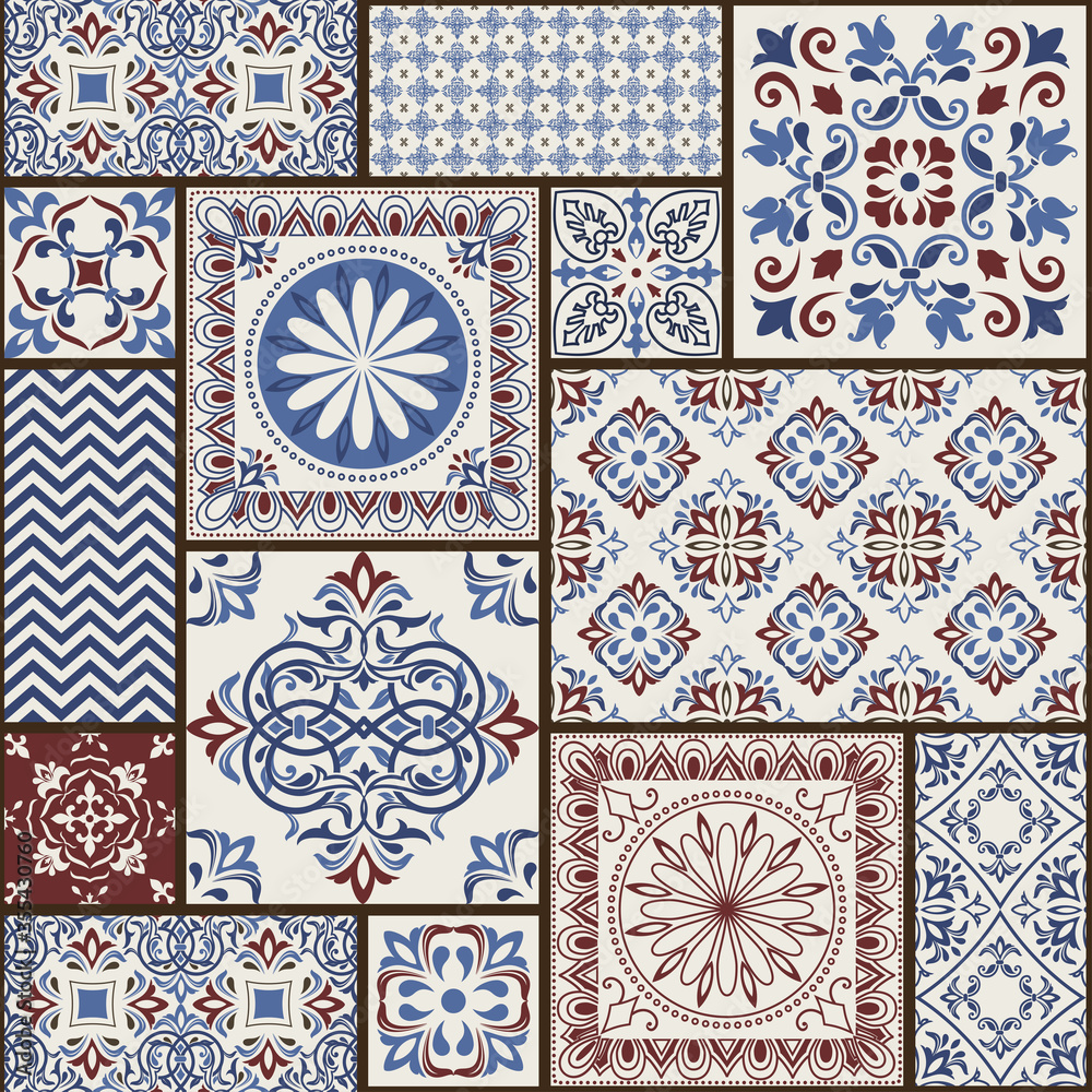 Seamless patchwork tile with Victorian motives. Majolica pottery tile, colored azulejo, original traditional Portuguese and Spain decor. Vector illustration for print wallpaper, fabric, paper, tile - obrazy, fototapety, plakaty 