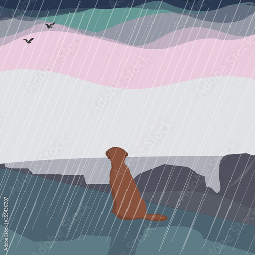 Lonely dog in the rain. Vector Illustration