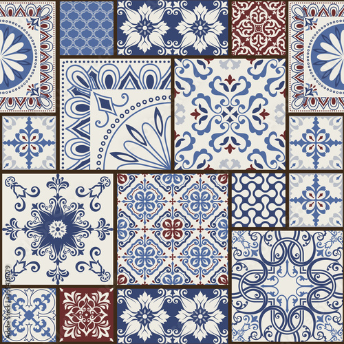 Seamless patchwork tile with Victorian motives. Majolica pottery tile, colored azulejo, original traditional Portuguese and Spain decor. Vector illustration for print wallpaper, fabric, paper, tile
