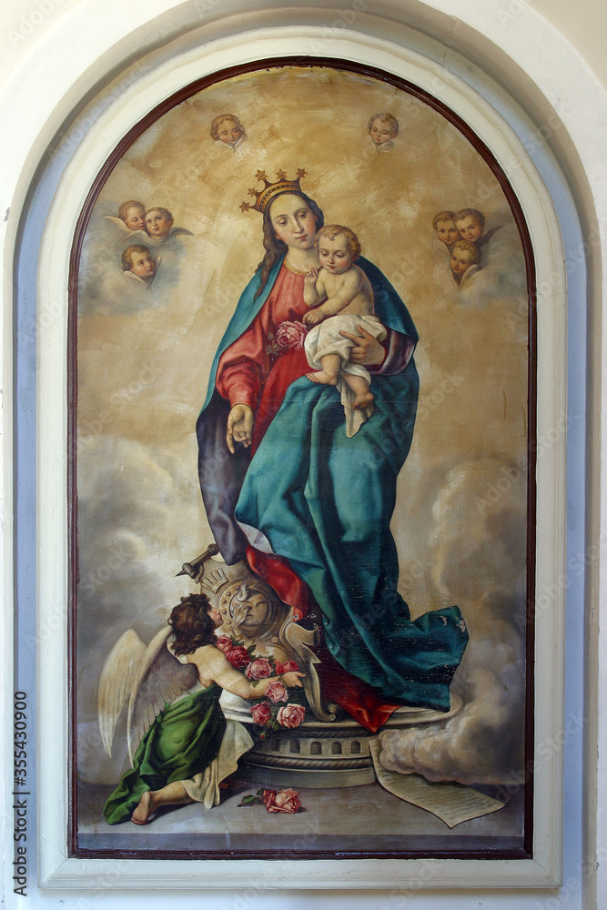 Virgin Mary with baby Jesus altarpiece at St. Jerome parish church in Lun, Croatia