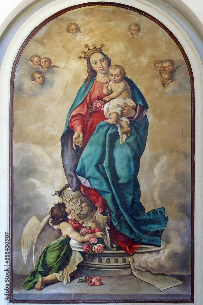 Virgin Mary with baby Jesus altarpiece at St. Jerome parish church in Lun, Croatia