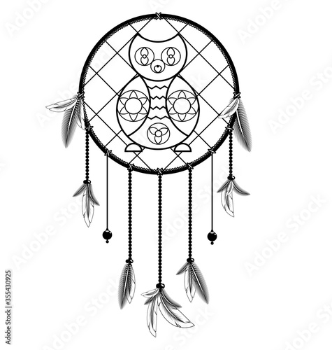white black colored image of dreamcatcher with feathers and owl