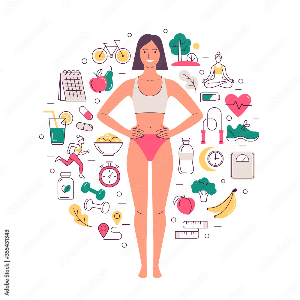 Healthy lifestyle concept. Vector illustration of young cartoon smiling  woman with slim body, surrounded by healthy lifestyle icons. Isolated on  white Stock Vector | Adobe Stock