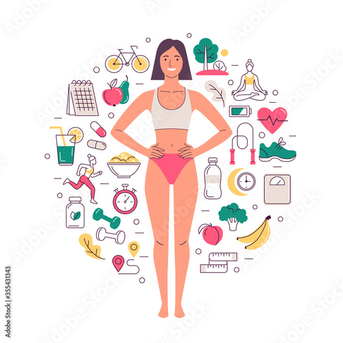 Healthy lifestyle concept. Vector illustration of young cartoon smiling woman with slim body, surrounded by healthy lifestyle icons. Isolated on white