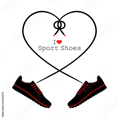 A pair of sneakers and a heart shaped shoelaces. A pair of gym shoes with long laces. I love sport shoes. Isolated vector illustration on white background. Flat style.