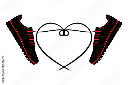 A pair of sneakers and a heart shaped shoelaces. A pair of gym shoes with long laces. Isolated vector illustration on white background. Flat style.
